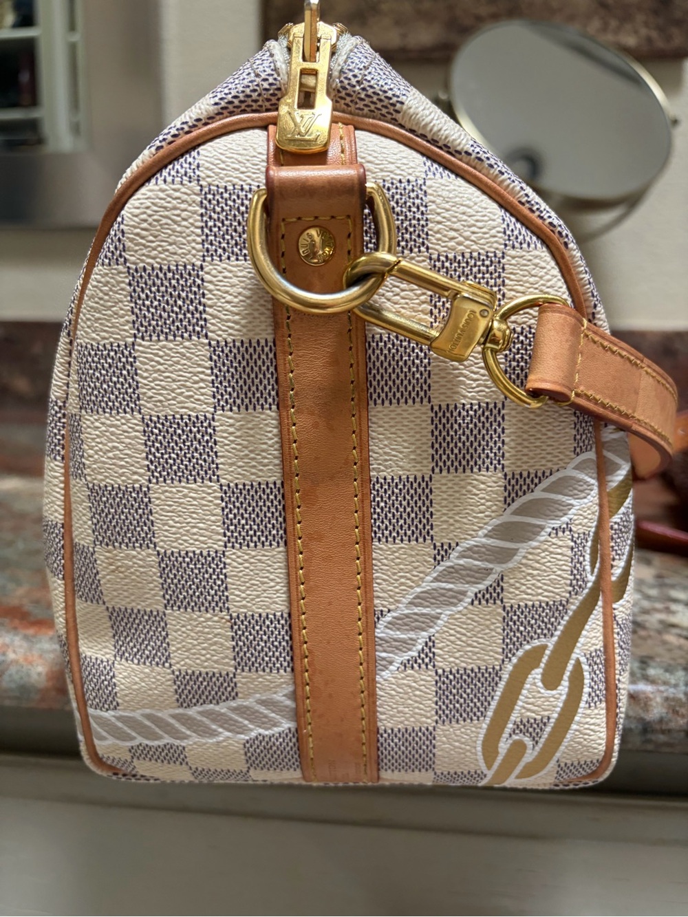Louis Vuitton Damier Azur Satchel with Tan Leather Trim and Gold Chain Motif - Picture 4 of 8